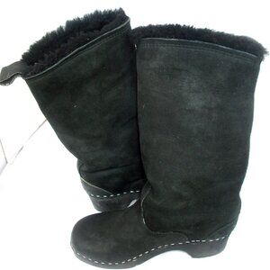 Ugglebo Sweden Handmade Black Nubuck & Suede Shearling Lined Clog Boots 6-6.5M